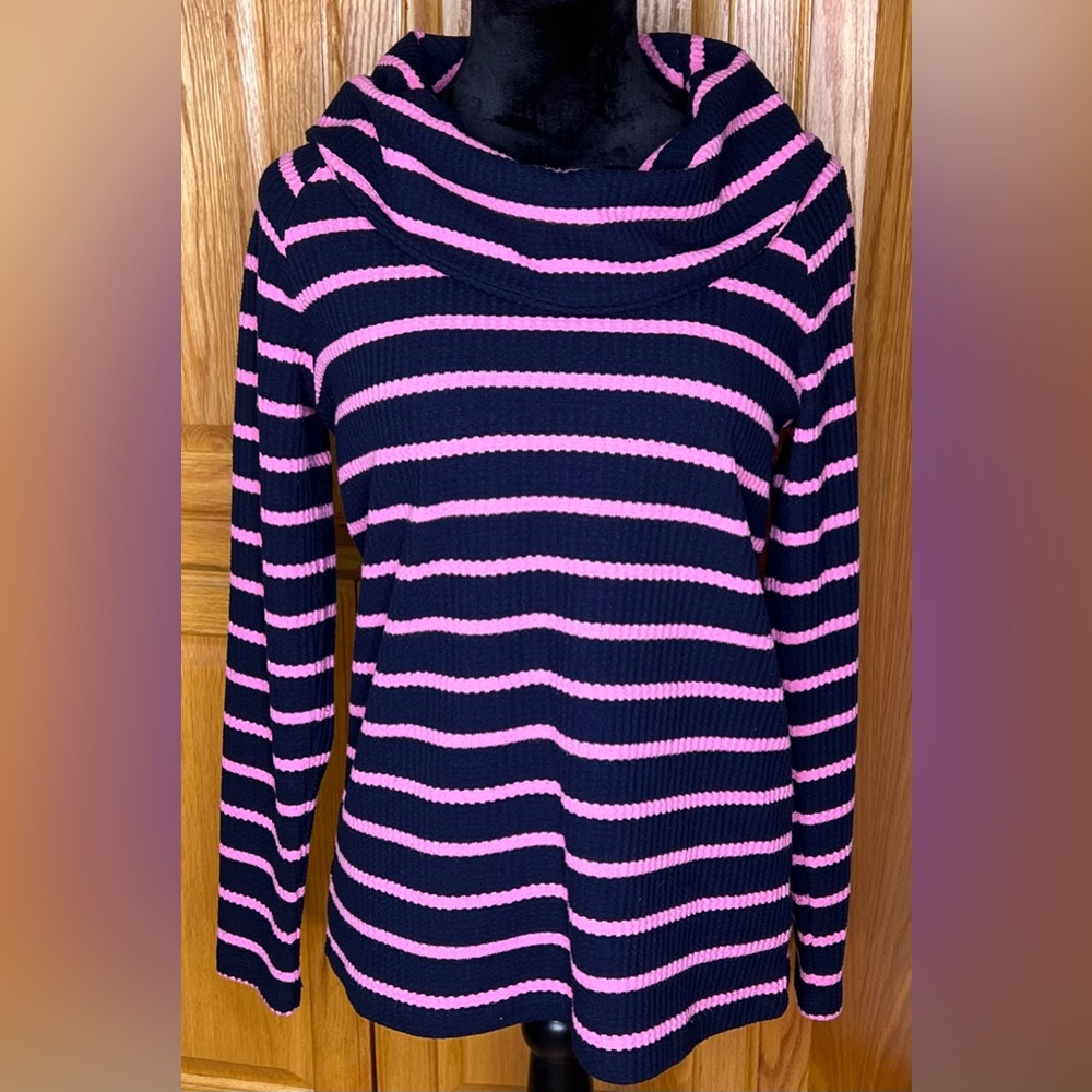 Talbots Raglan Waffle Knit Cowl Neck Long Sleeve Stripe Sweater Top Tee Sz Small - Picture 3 of 10
